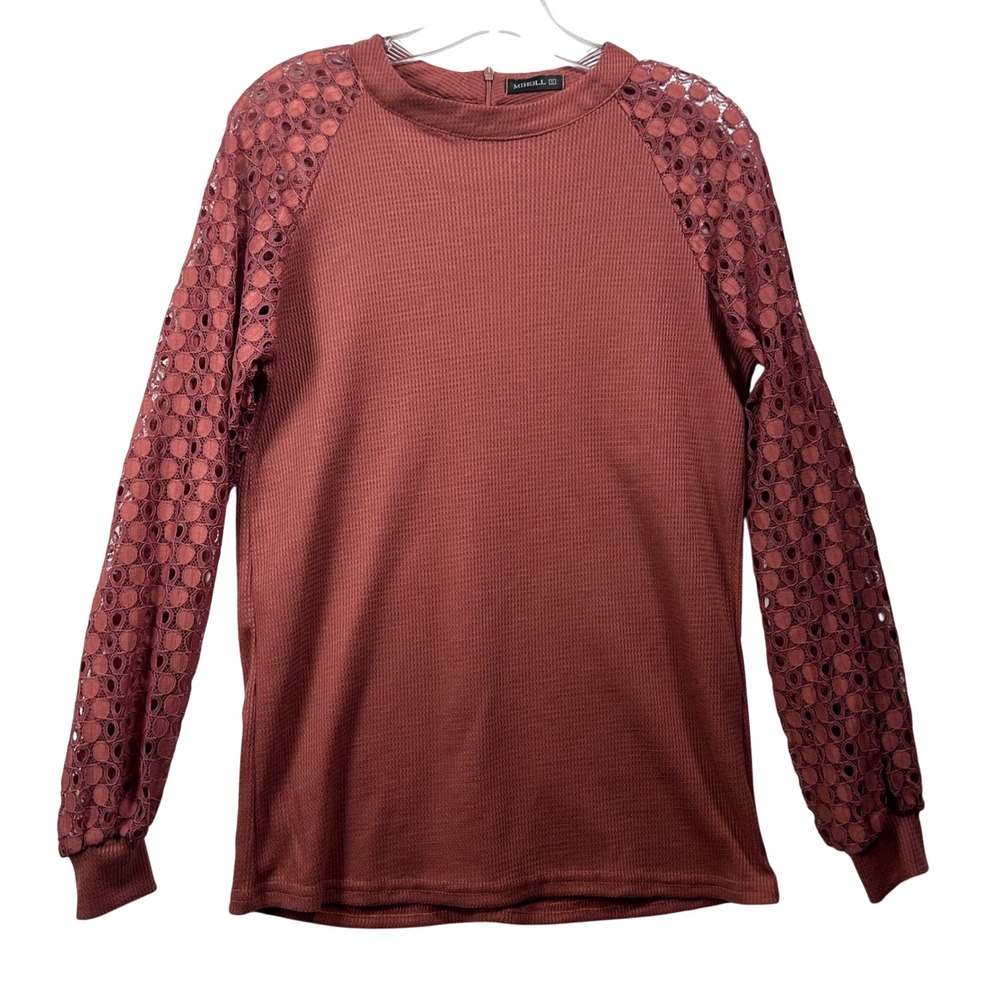 Miholl Womens Rust Waffle Knit Top Eyelet Lace Long Sleeve Crew Neck‎ Small